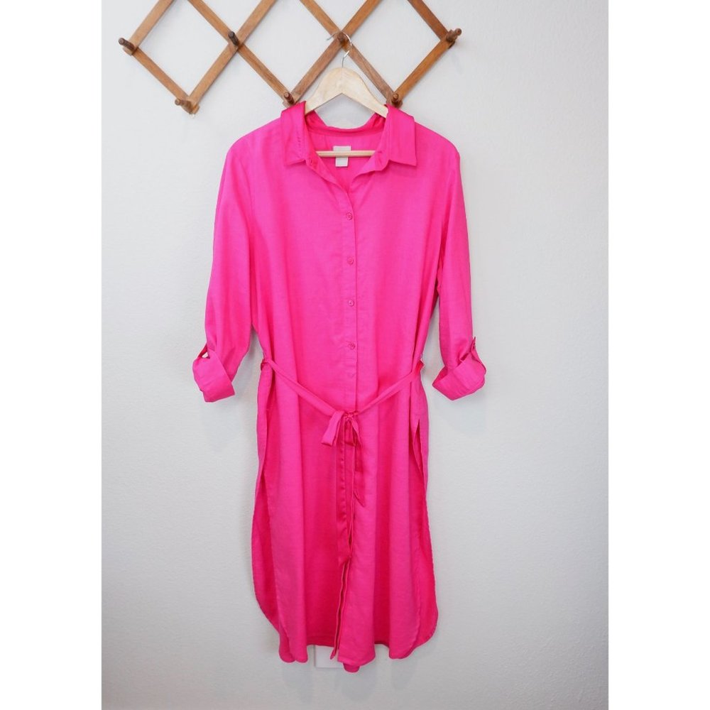 Chico's Womens Pink Linen Blend Satin Collared & Belted Long Tunic Blouse, 16/18
